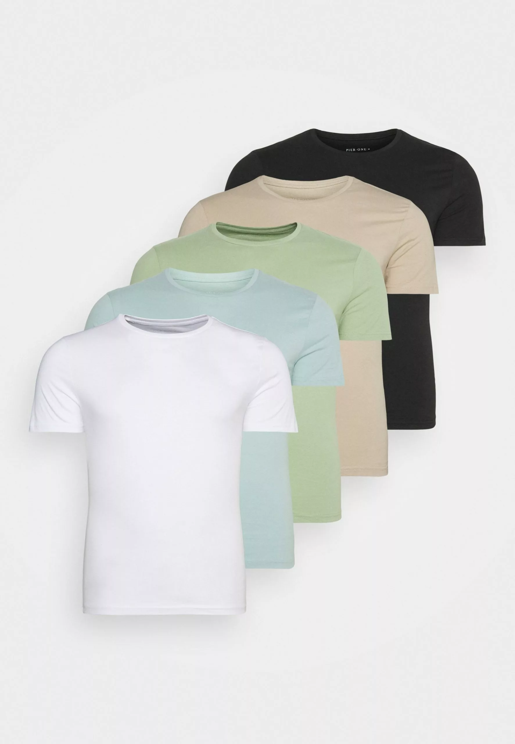 Pier One 5 Pack - Basic T-Shirt - White/Beige/Black 1 Pier One 5 Pack - Basic T-Shirt - White/Beige/Black