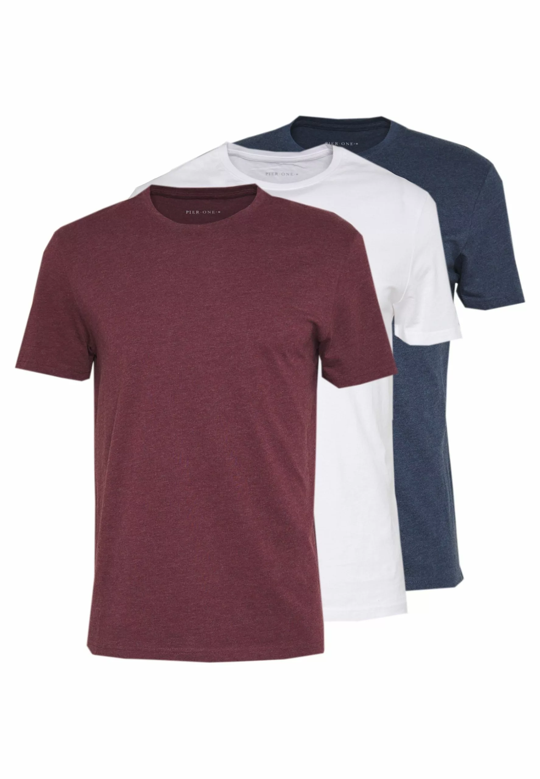 Pier One 3 Pack - Basic T-Shirt - Mottled Bordeaux/White/Blue 1 Pier One 3 Pack - Basic T-Shirt - Mottled Bordeaux/White/Blue