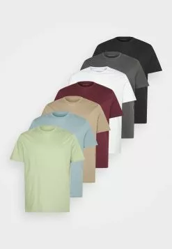Pier One 7 Pack - Basic T-Shirt - Black /Green /Bordeaux